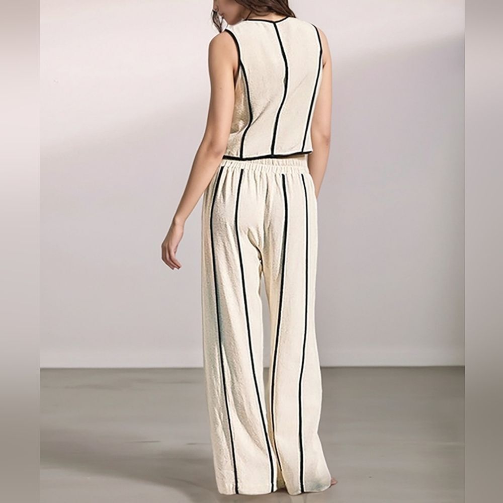 Womens Casual Linen Blend V-Neck Crop Top & Wide-Leg Pants Set Cream Black Trim - Picture 4 of 6